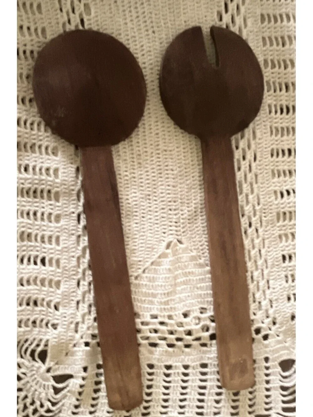Wood Salad Server Set 2pc Spoon & Fork Dark Brown 12in Rustic Matte